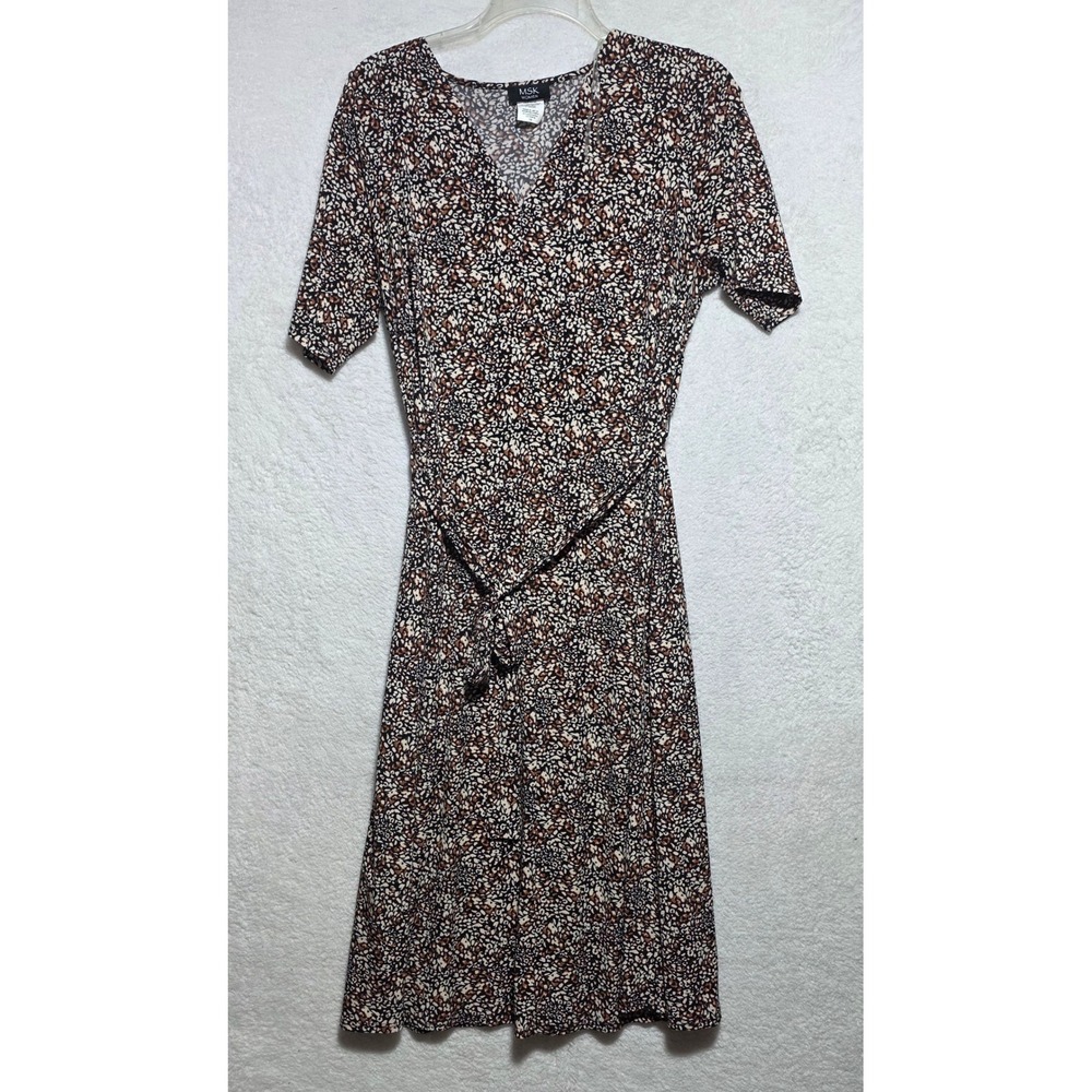 MSK Women Brown Black Abstract Print V-Neck Midi Dress Plus Size 1X Short Sleeve